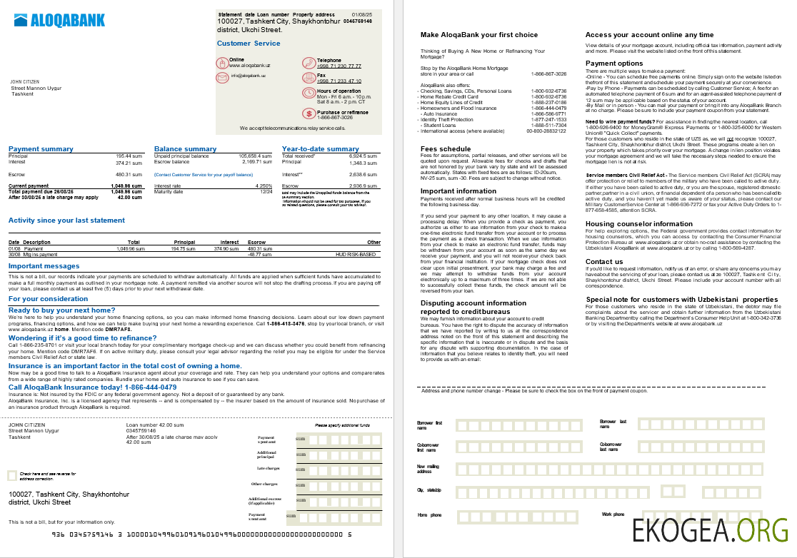 Relevé hypothécaire ouzbek de l'Aloqabank aux formats Word et PDF, 2 pages